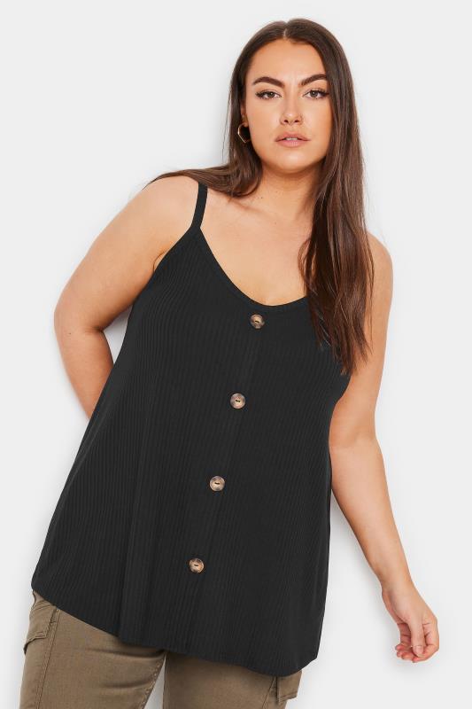 YOURS Plus Size Black Ribbed Button Front Cami Top | Yours Clothing 1