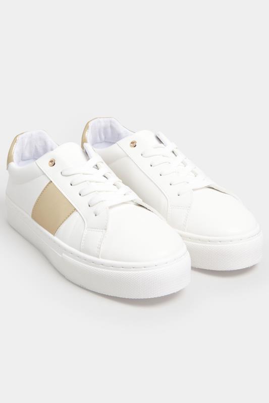 LIMITED COLLECTION White & Gold Stripe Trainers In Wide EEE Fit | Yours Clothing 2