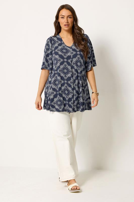 YOURS Plus Size Navy Blue Paisley Print Pleat Front Angel Sleeve Top 1