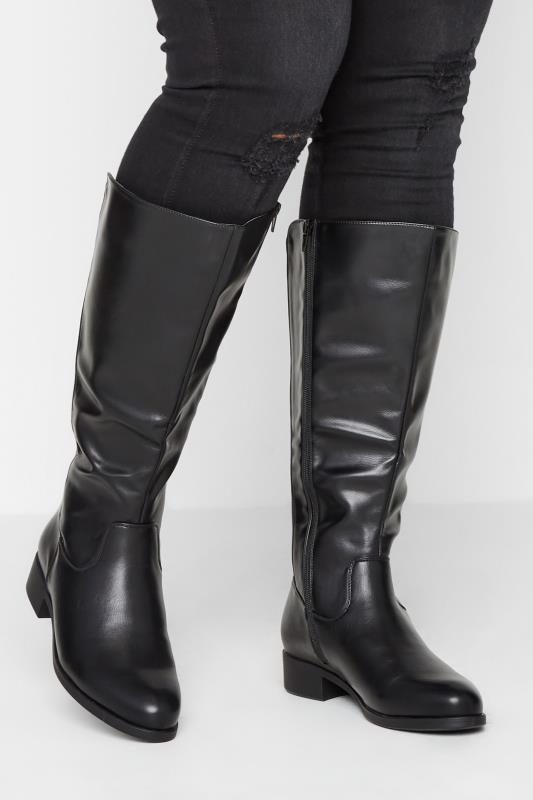  Black Stretch Knee High Boots In Wide E Fit & Extra Wide EEE Fit