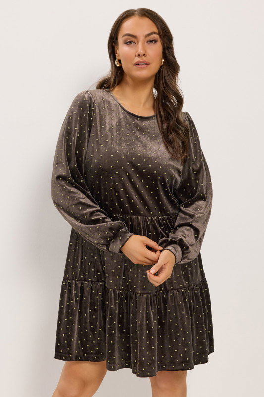 YOURS Plus Size Chocolate Brown Polka Dot Balloon Sleeve Dress