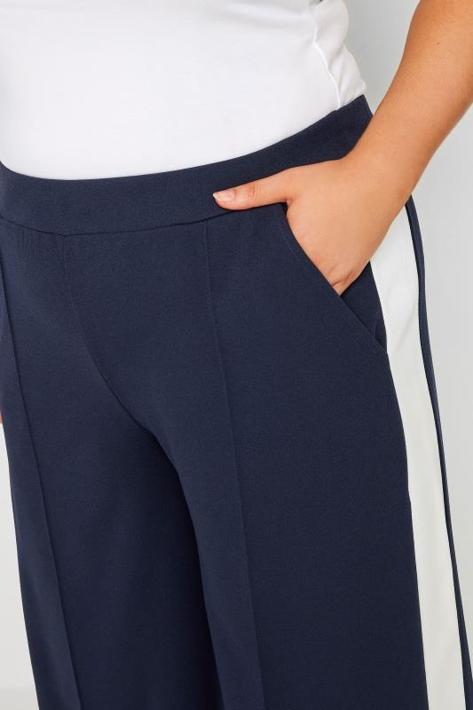 YOURS Plus Size Navy Blue & White Scuba Side Stripe Trousers | Yours Clothing 4