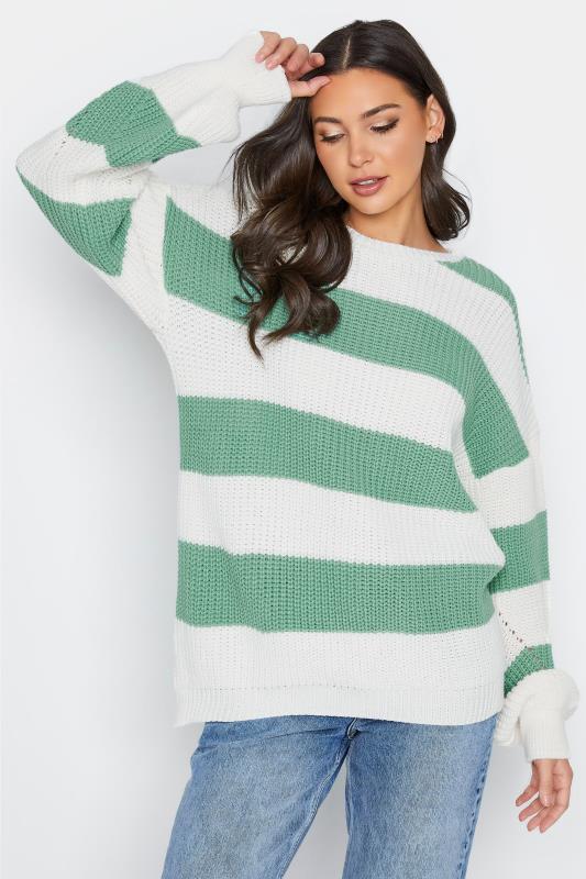 LTS Tall White & Sage Green Stripe Knitted Jumper_A.jpg