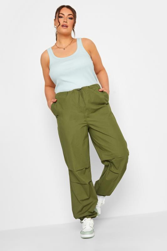 YOURS Curve Plus Size Khaki Green Cuffed Parachute Trousers | Yours Clothing  2