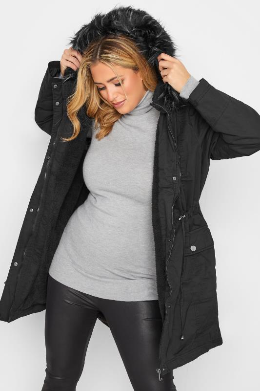 Plus Size Black Faux Fur Lined Hooded Parka | Yours Clothing 4