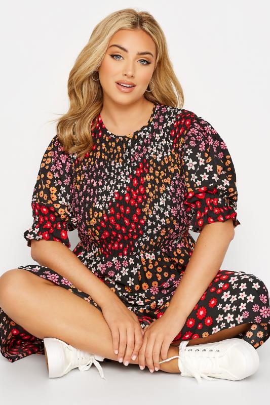 Plus Size Black Ditsy Print Puff Sleeve Smock Dress | Yours Clothing  4