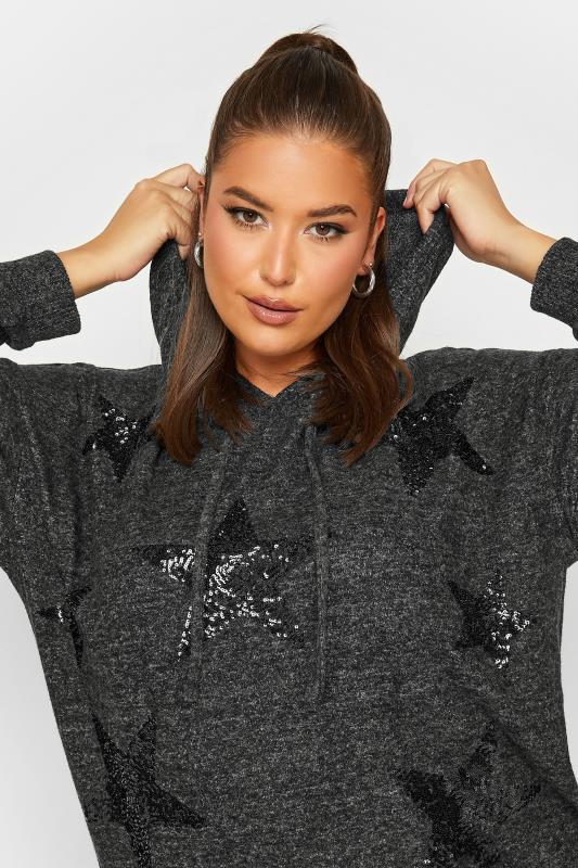 Plus Size Womens Curve Charcoal Grey & Black Sequin Star Hoodie | Yours Clothing 5
