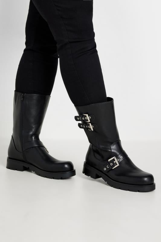 Black Faux Leather Biker Calf Boots In Extra Wide EEE Fit | Yours Clothing  1