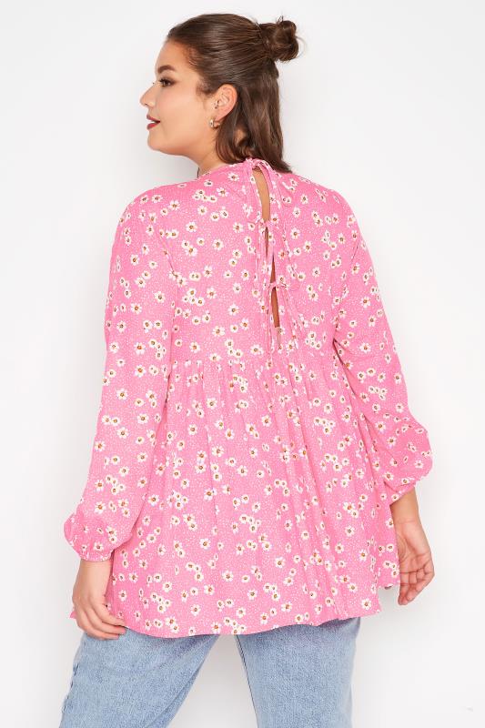 LIMITED COLLECTION Plus Size Pink Daisy Print Back Tie Smock Blouse | Yours Clothing 3