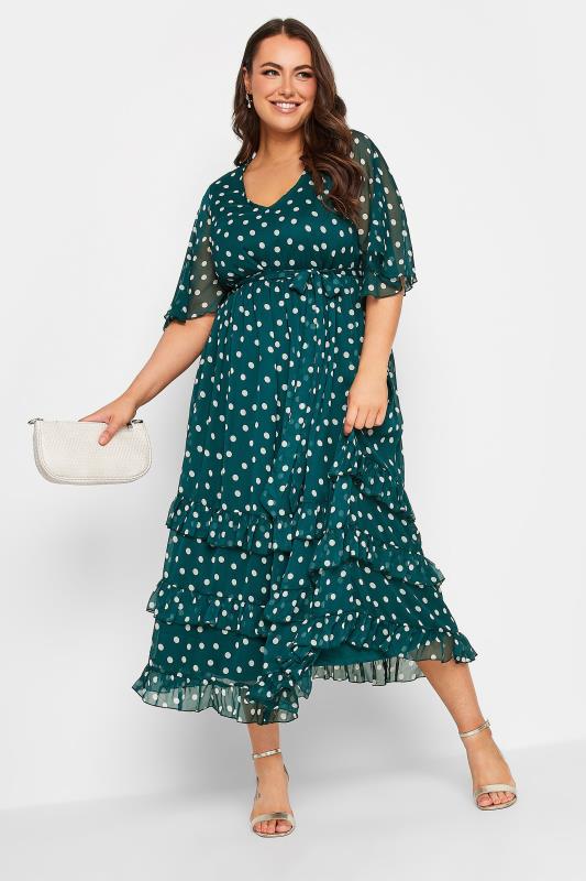 Plus Size  YOURS LONDON Curve Green Polka Dot Ruffle Maxi Dress