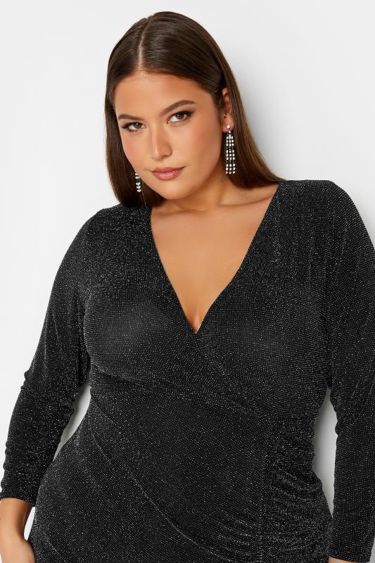 Curve Ruched Black & Silver Glitter Wrap Dress | Yours Clothing 4