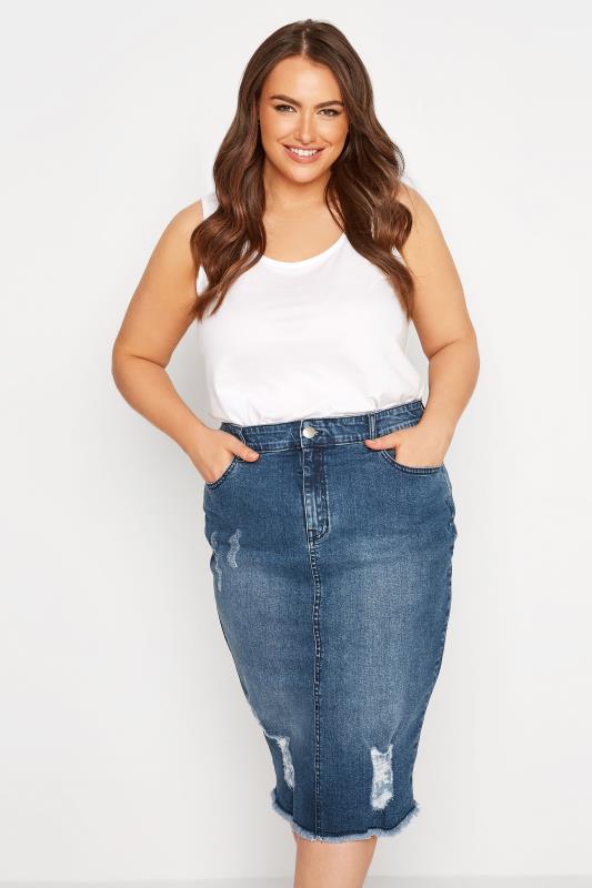 Plus Size Blue Denim Stretch Distressed Midi Skirt | Yours Clothing 1