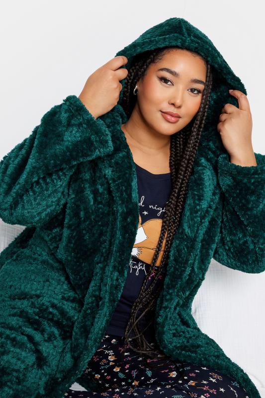 YOURS Plus Size Emerald Green Waffle Fleece Hooded Dressing Gown | Yours Clothing 5