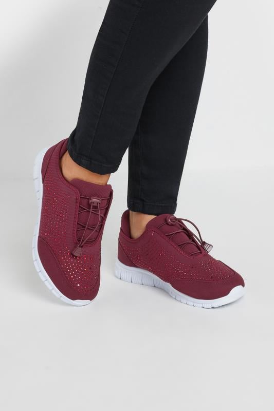  Tallas Grandes Burgundy Red Embellished Trainers In Extra Wide EEE Fit