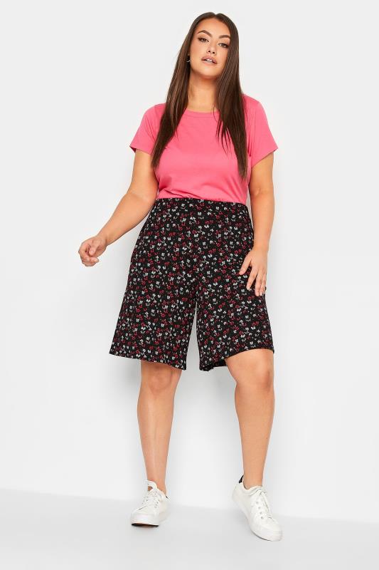 YOURS Curve Black & Red Ditsy Print Shorts | Yours Clothing 2