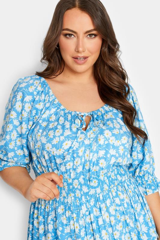 YOURS Plus Size Blue Floral Shirred Gypsy Top | Yours Clothing 4