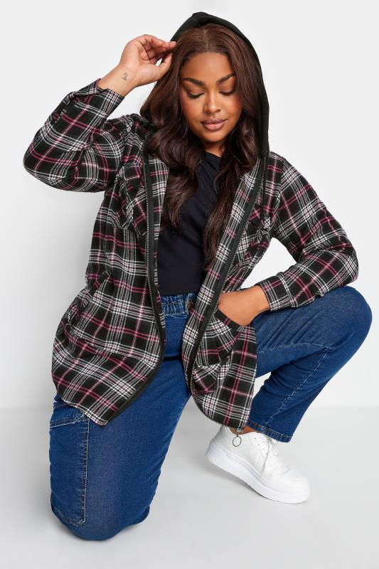 YOURS Plus Size Pink Check Print Hooded Shirt | Yours Clothing 1