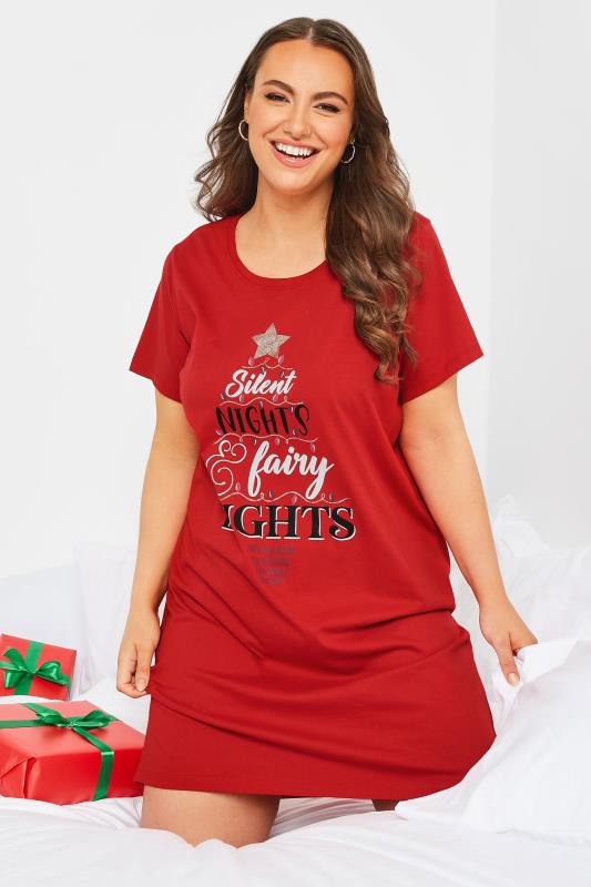 Plus Size Red 'Silent Nights & Fairy Lights' Slogan Christmas Nightdress | Yours Clothing 3