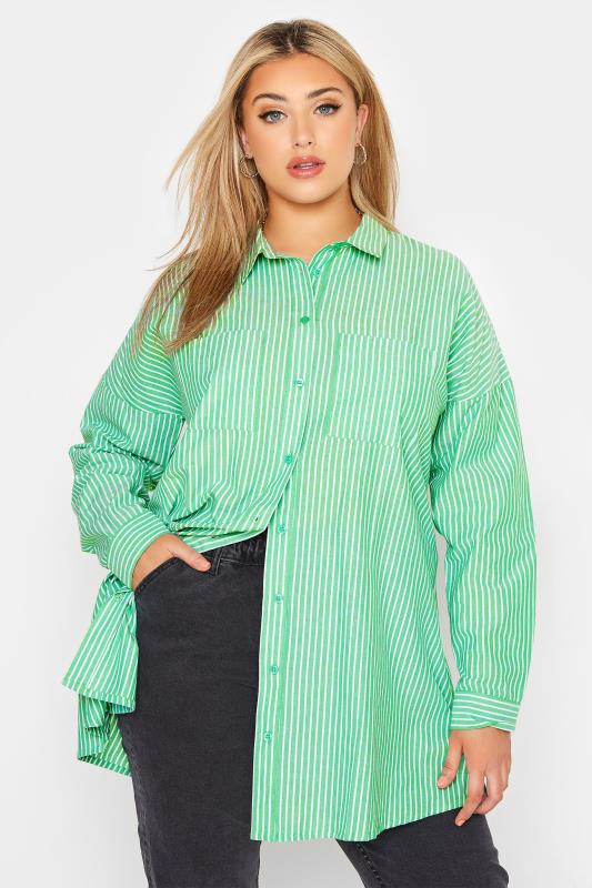 YOURS FOR GOOD Plus Size Bright Green Stripe Oversized Shirt | Yours Clothing 1