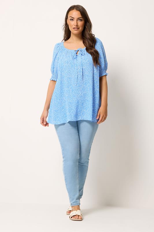 YOURS Plus Size Blue Ditsy Floral Tie Neck Blouse | Yours Clothing 1