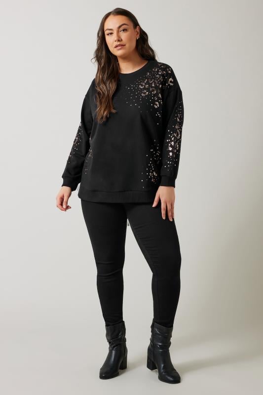 EVANS Plus Size Black & Bronze Sequin Embellished Sweatshirt | Evans 2