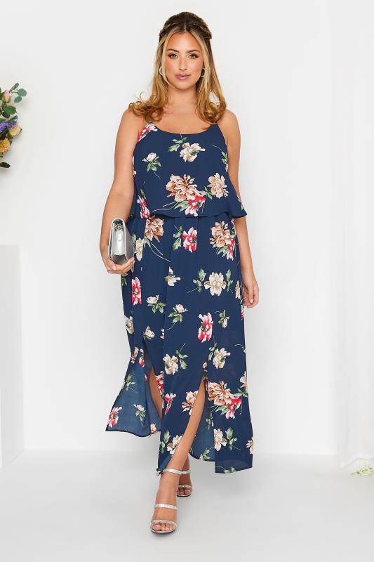 YOURS LONDON Curve Navy Blue Floral Overlay Maxi Dress | Yours Clothing 1