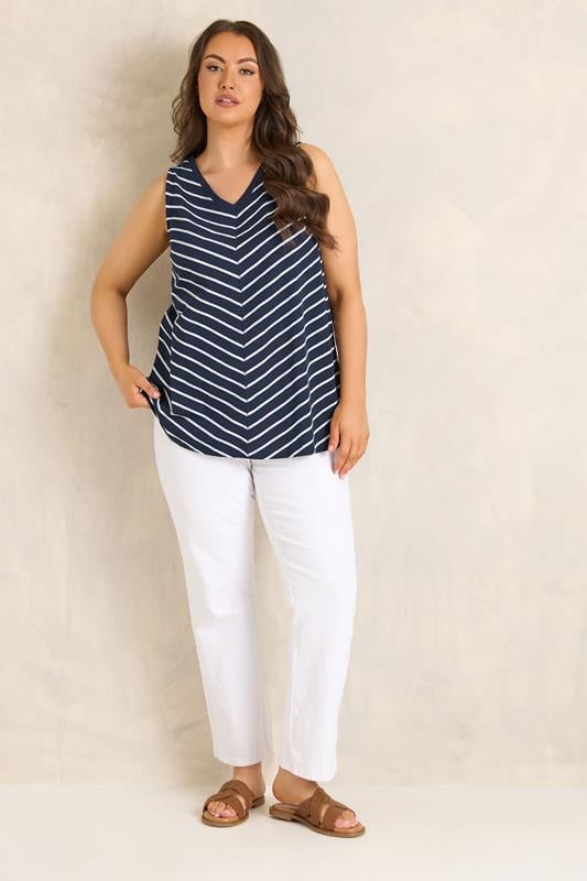 EVANS Plus Size Navy Blue Stripe Premium Cotton Vest Top | Evans 1