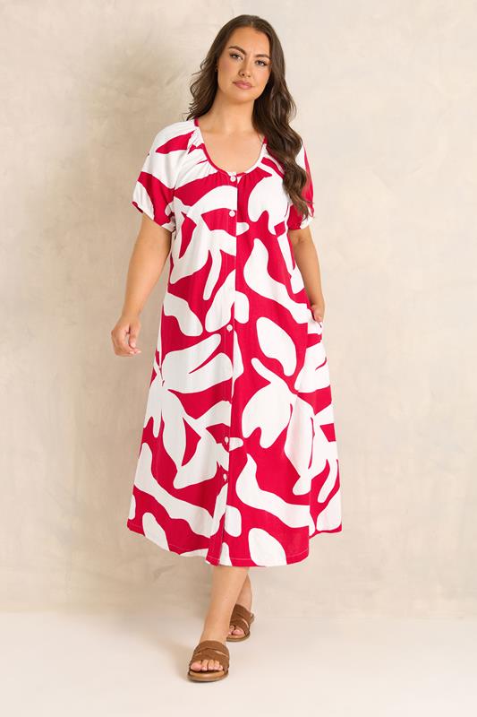 EVANS Plus Size Red Premium Linen Abstract Print Maxi Dress | Evans 5
