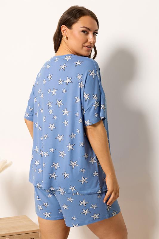 YOURS Plus Size Blue Starfish Soft Touch Pyjama Set | Yours Clothing 2
