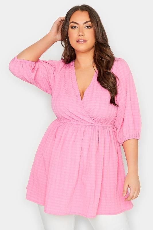 YOURS Plus Size Pink Textured Wrap Top | Yours Clothing 2