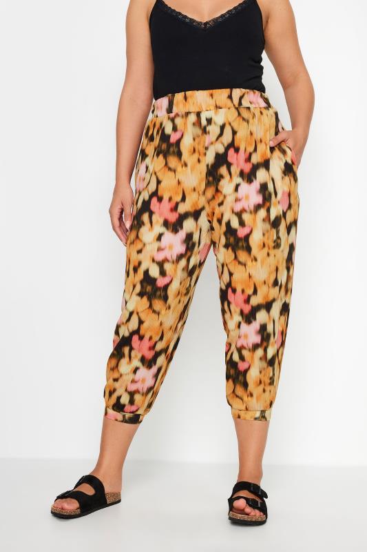 YOURS Plus Size Orange Floral Print Textured Cropped Harem Trousers | Yours Clothing 1