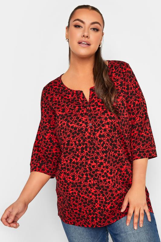 YOURS Plus Size 2 PACK Black & Red Ditsy Floral Pintuck Henley Tops | Yours Clothing 2