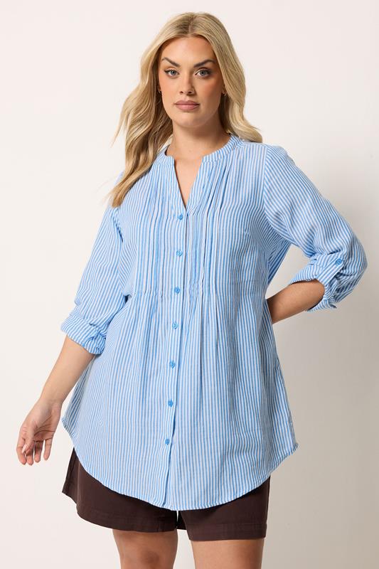 YOURS Plus Size Blue Stripe Pintuck Shirt | Yours Clothing 1