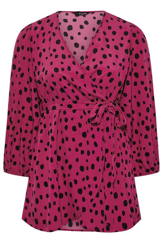 Plus Size Dark Pink Dalmatian Print Balloon Sleeve Wrap Top | Yours Clothing 6