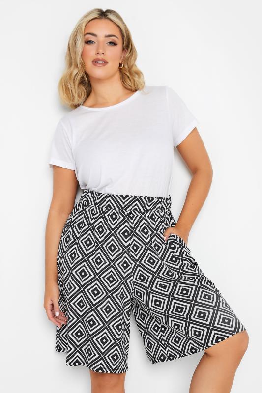 YOURS Curve Plus Size Black Geometric Print Shorts | Yours Clothing  1