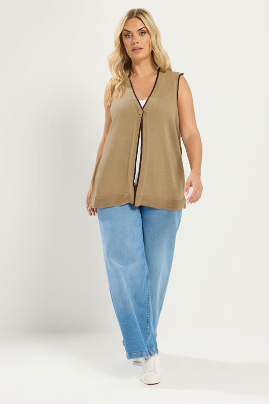 YOURS Plus Size Natural Brown Contrast Trim Knitted Waistcoat | Yours Clothing 1
