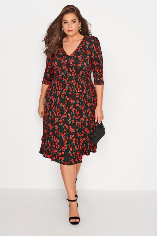  Grande Taille YOURS LONDON Curve Black & Red Ditsy Print Frill Trim Dress