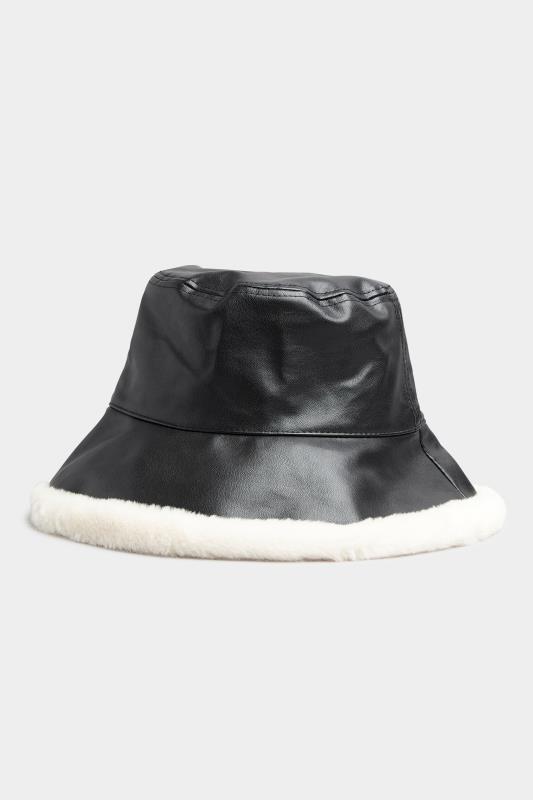 Black Faux Leather Fur Trim Bucket Hat 1