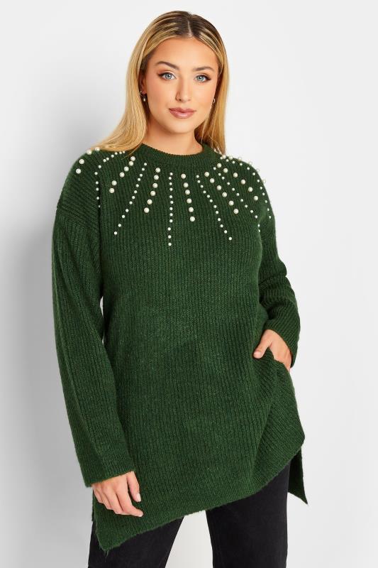 YOURS LUXURY Plus Size Green Embellished Dipped Hem Jumper | Yours Clothing 1