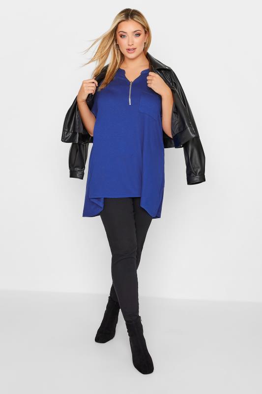 Plus Size Cobalt Blue Zip Front Top | Yours Clothing 2