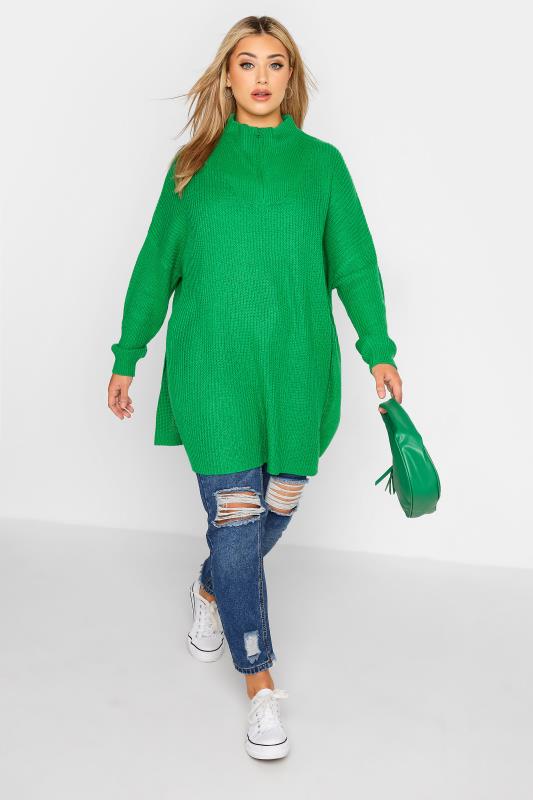 Plus Size Curve Green Quarter Zip Knitted Jumper | Yours Clothing 2