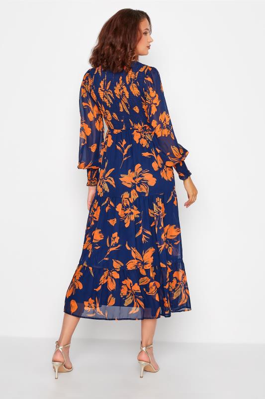 LTS Tall Orange & Navy Blue Floral Long Sleeve Midi Dress 5