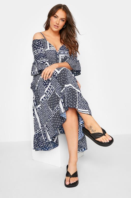 LIMITED COLLECTION Plus Size Navy Blue Patchwork Print Cold Shoulder Dress | Yours Clothing 4