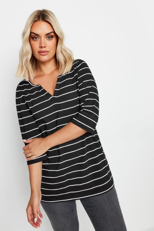  Tallas Grandes YOURS Curve Black & White Stripe Notch Neck T-Shirt