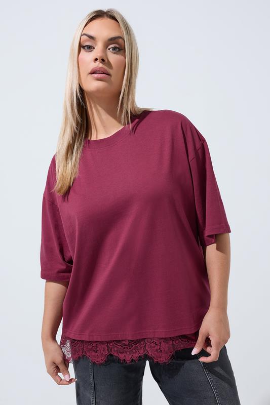  LIMITED COLLECTION Curve Burgundy Red Oversized Lace Hem T-Shirt