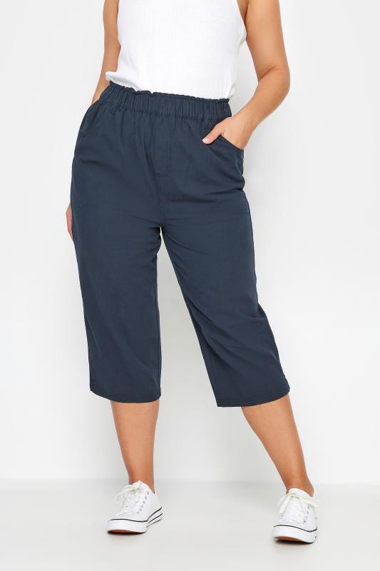 Plus Size  YOURS Curve Navy Blue Cool Cotton Cropped Trousers