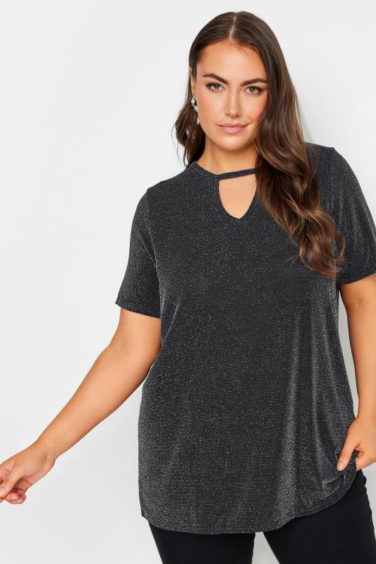  Grande Taille YOURS Curve Black Cut Out Neck Glitter Top