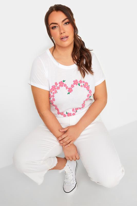 YOURS Plus Size White Flower Heart T-Shirt | Yours Clothing 1