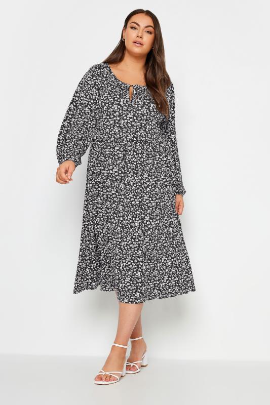YOURS Plus Size Black Ditsy Floral Print Midaxi Dress | Yours Clothing