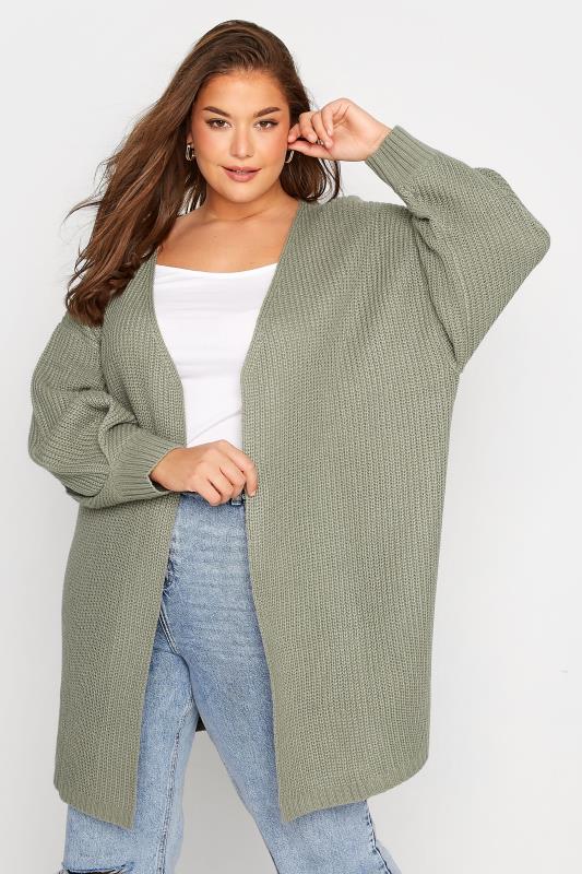 Plus Size  Curve Sage Green Pleat Sleeve Knitted Cardigan